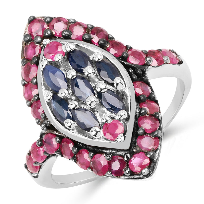 Bids.com 1.77 Carat Genuine Blue Sapphire and Ruby .925 Sterling Silver Ring Rings White Smoke size 6.00,size 7.00,size 8.00,size 9.00