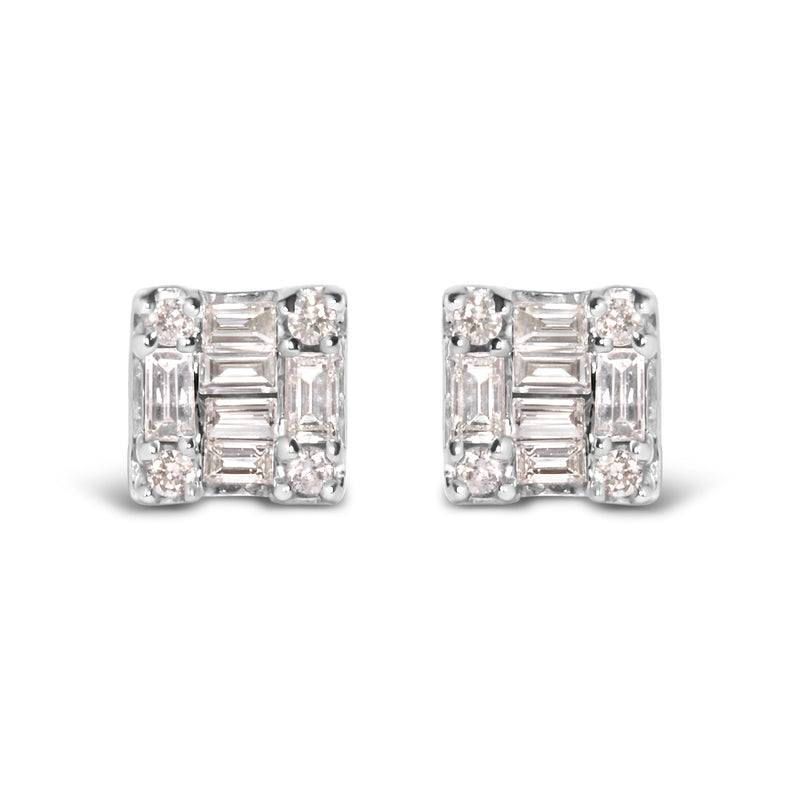 Bids.com 10K White Gold 1/7 Cttw Round and Baguette Diamond Mosaic Square Stud Earrings (H-I Color, I1-I2 Clarity) Earrings White Smoke White.Gold / 0.144