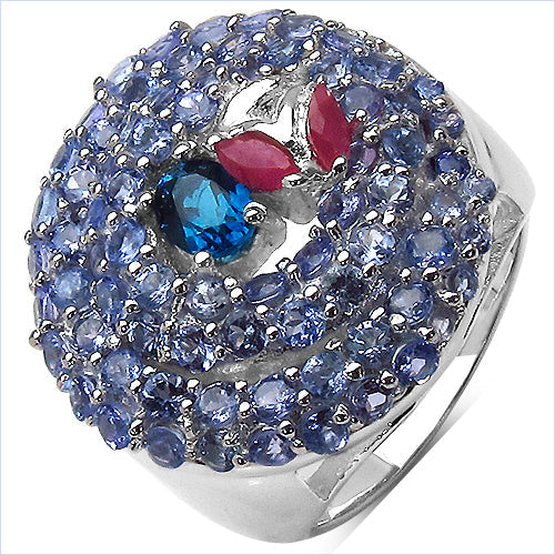 Bids.com 3.31 Carat Genuine London Blue Topaz , Ruby & Tanzanite .925 Sterling Silver Ring Rings White Smoke size 7.00,size 6.00,size 8.00,size 9.00