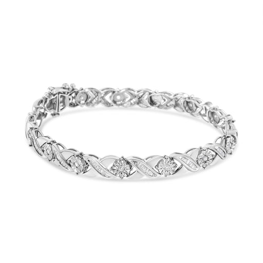 Bids.com .925 Sterling Silver 1.0 Cttw Round-Brilliant and Baguette Cut Diamond Miracle-Set X-Link 7" Tennis Bracelet (I-J Color, I2-I3 Clarity) Bracelets White Smoke White.Sterling Silver / 7