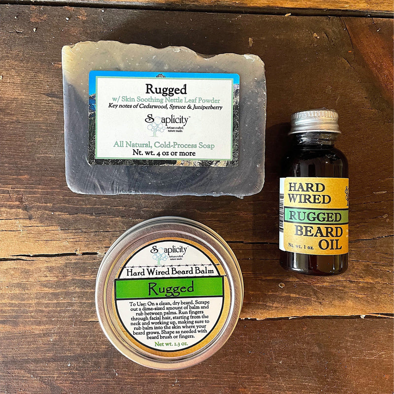 Soaplicity Bearded Trio Gift Set with Hard Wired Beard Oil, Balm, & Body Soap Bar Bundles Dark Olive Green Alchemy Beard Oil, Balm & Soap Gift Set,Primal Beard Oil, Balm & Soap Gift Set,Redwood Beard Oil, Balm & Soap Gift Set,Rogue Beard Oil, Balm & Soap Gift Set,Rugged Beard Oil, Balm & Soap Gift Set,Voodoo Beard Oil, Balm & Soap Gift Set