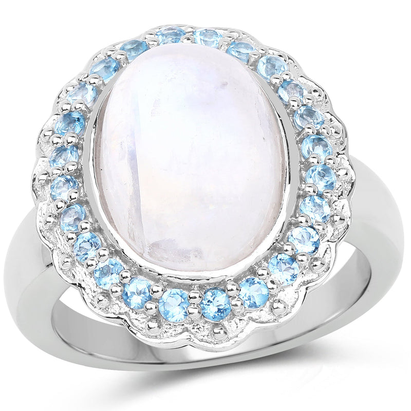 Bids.com 7.21 Carat Genuine White Rainbow Moonstone & Swiss Blue Topaz .925 Sterling Silver Ring Rings White Smoke size 7.00,size 8.00,size 5.00,size 6.00,size 9.00