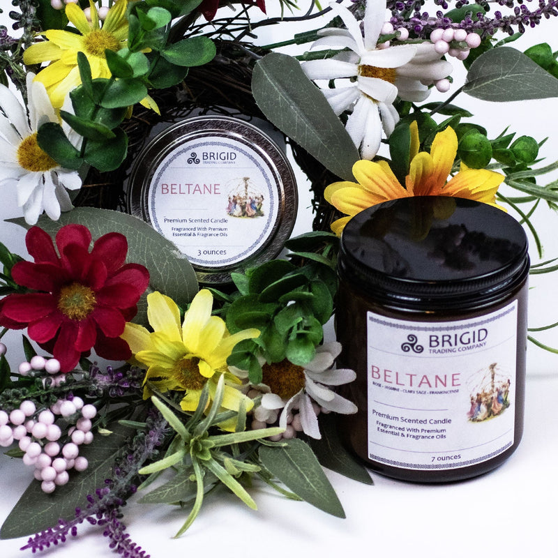 Brigid Trading Company Beltane Soy Wax Candle – Rose & Jasmine Natural Candle for May Day Premium Scented Candle White Smoke 7oz amber jar,3oz pewter tin