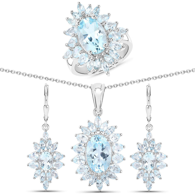 Bids.com 19.18 Carat Genuine Blue Topaz .925 Sterling Silver 3 Piece Jewelry Set (Ring, Earrings, and Pendant w/ Chain) Jewelry Sets White Smoke size 6.00,size 7.00,size 8.00,size 9.00,size 5.00
