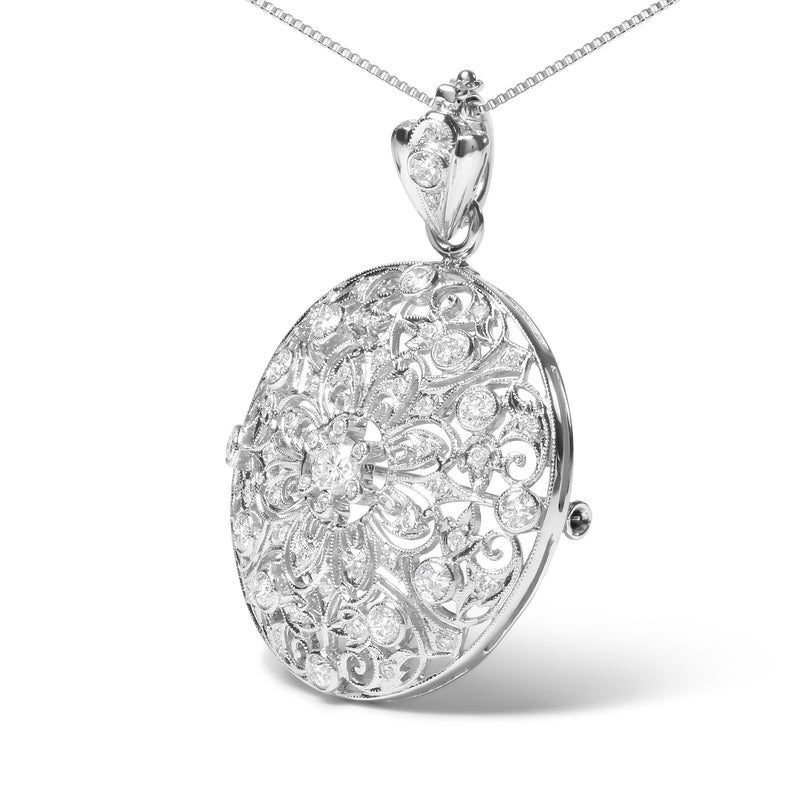 Bids.com 18K White Gold 1 5/6 Cttw Diamond Cluster Floral Filigree Brooch Pin and 18" Pendant Necklace (G-H Color, I1-I2 Clarity) Necklaces White Smoke White.Gold / 1.84
