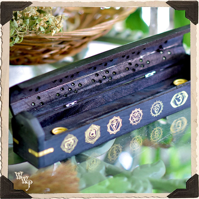 WhiteWitchParlour.com CHAKRA SYMBOLS BLACK COFFIN BOX. Wooden Incense Burner for Incense Stick & Cone Holder. Tools & Accessories Dark Slate Gray