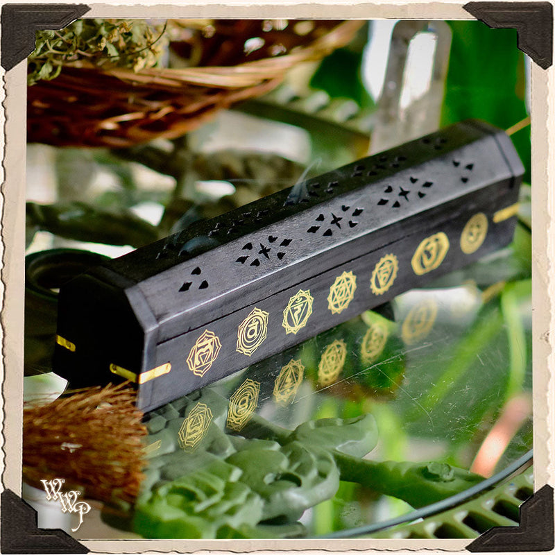 WhiteWitchParlour.com CHAKRA SYMBOLS BLACK COFFIN BOX. Wooden Incense Burner for Incense Stick & Cone Holder. Tools & Accessories Black