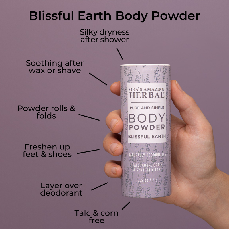 Ora's Amazing Herbal Talc Free Body Powder, Blissful Earth Lavender Scent Body Powder Slate Gray Full Size 2.5 oz