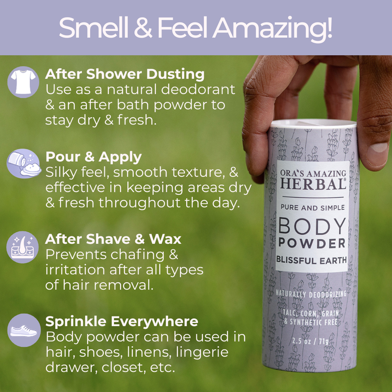 Ora's Amazing Herbal Talc Free Body Powder, Blissful Earth Lavender Scent Body Powder Olive Drab Full Size 2.5 oz