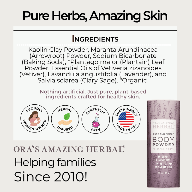 Ora's Amazing Herbal Talc Free Body Powder, Blissful Earth Lavender Scent Body Powder Lavender Full Size 2.5 oz