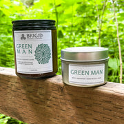Brigid Trading Company Green Man Soy Wax Candle - Moss, Rainwater, Old Growth Forests, and White Musk Premium Scented Candle Saddle Brown 7oz amber jar,3oz pewter tin
