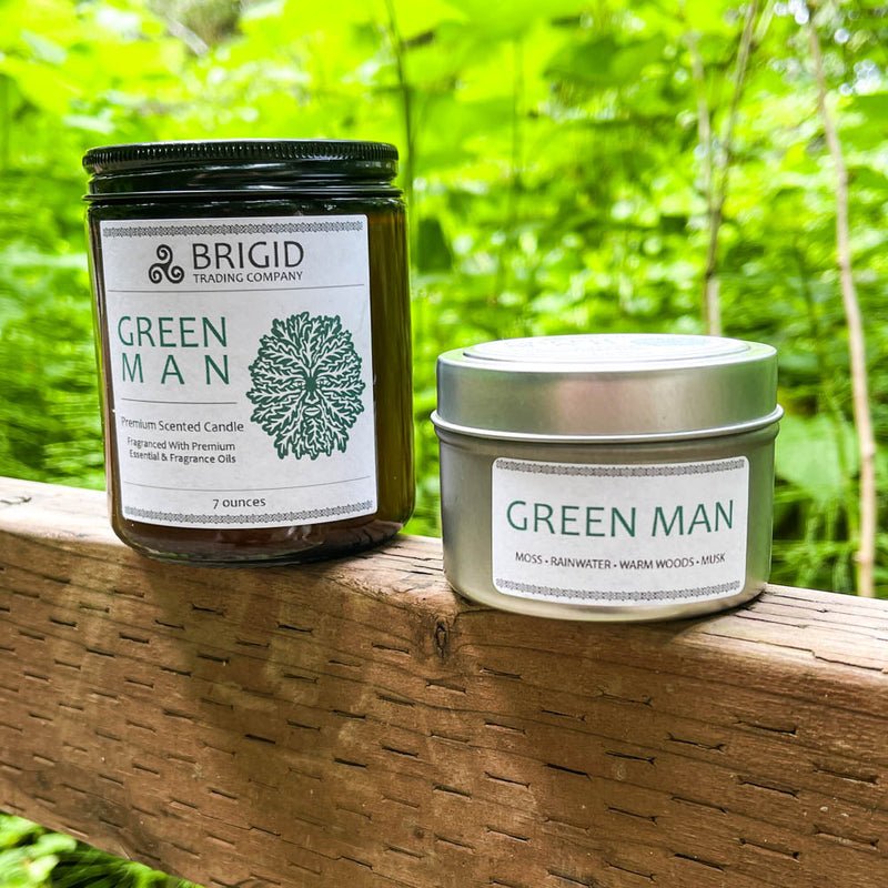 Brigid Trading Company Green Man Soy Wax Candle - Moss, Rainwater, Old Growth Forests, and White Musk Premium Scented Candle Saddle Brown 7oz amber jar,3oz pewter tin