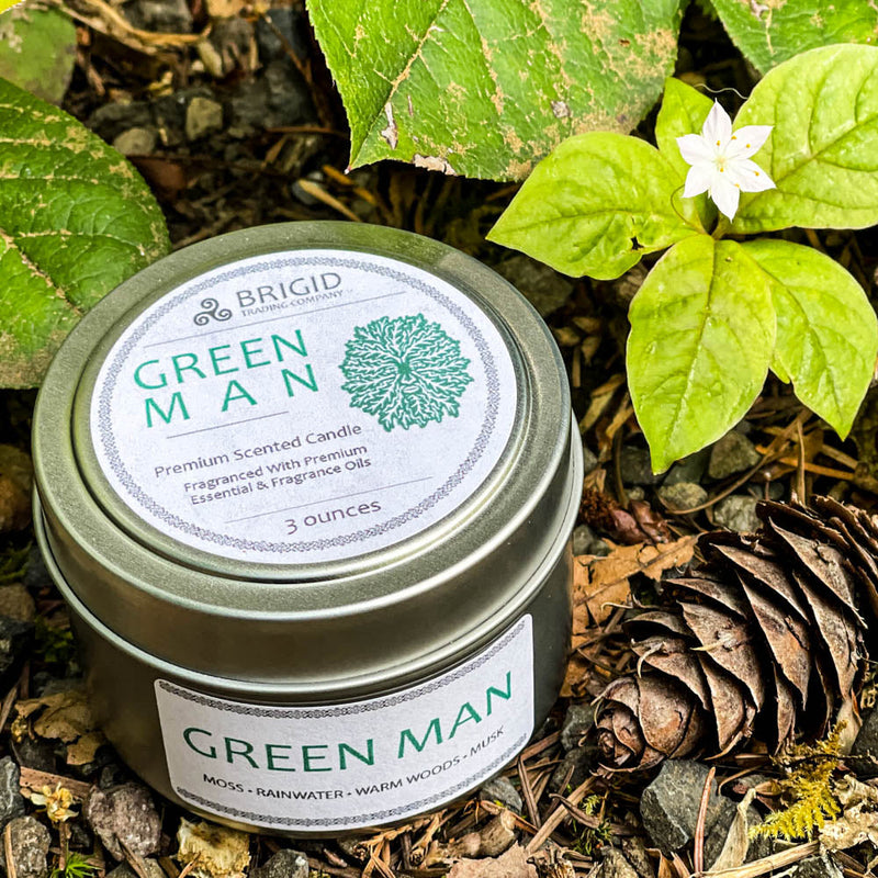 Brigid Trading Company Green Man Soy Wax Candle - Moss, Rainwater, Old Growth Forests, and White Musk Premium Scented Candle Black 3oz pewter tin