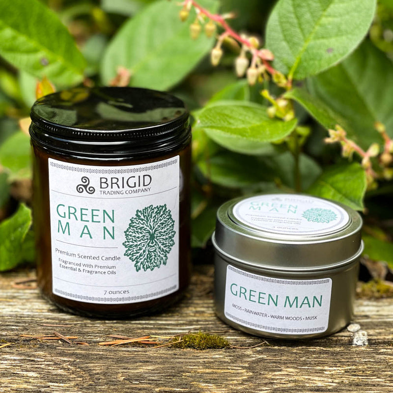 Brigid Trading Company Green Man Soy Wax Candle - Moss, Rainwater, Old Growth Forests, and White Musk Premium Scented Candle Black 7oz amber jar,3oz pewter tin
