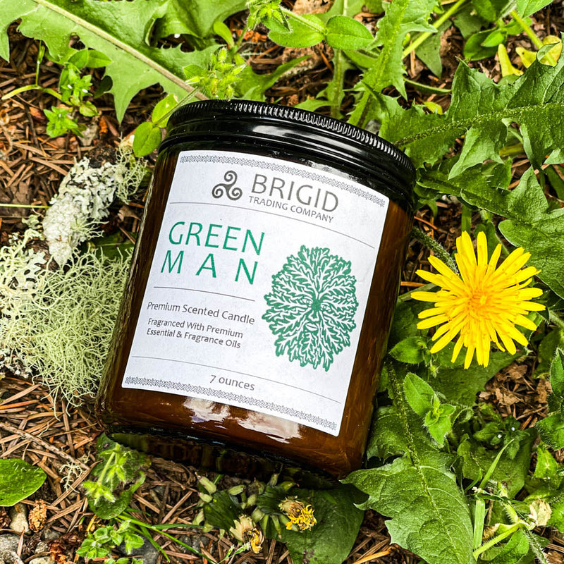 Brigid Trading Company Green Man Soy Wax Candle - Moss, Rainwater, Old Growth Forests, and White Musk Premium Scented Candle White Smoke 7oz amber jar