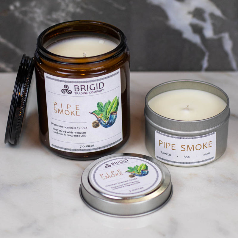 Brigid Trading Company Pipe Smoke Soy Wax Candle - Cuban Tobacco, Smoked Oud, and Deep Resins Premium Scented Candle Gray 7oz amber jar,3oz pewter tin
