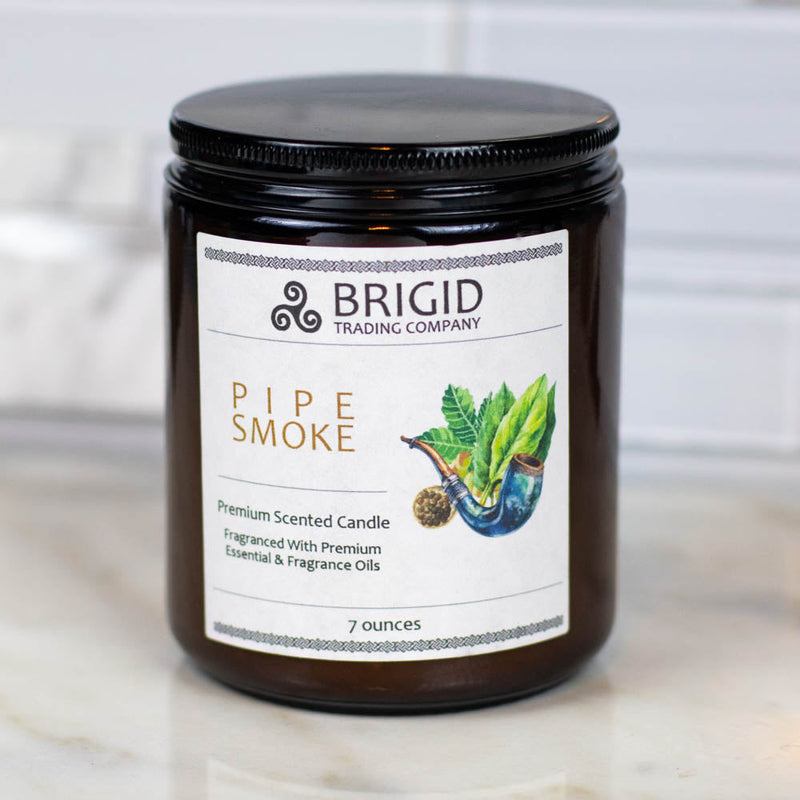 Brigid Trading Company Pipe Smoke Soy Wax Candle - Cuban Tobacco, Smoked Oud, and Deep Resins Premium Scented Candle Light Gray 7oz amber jar