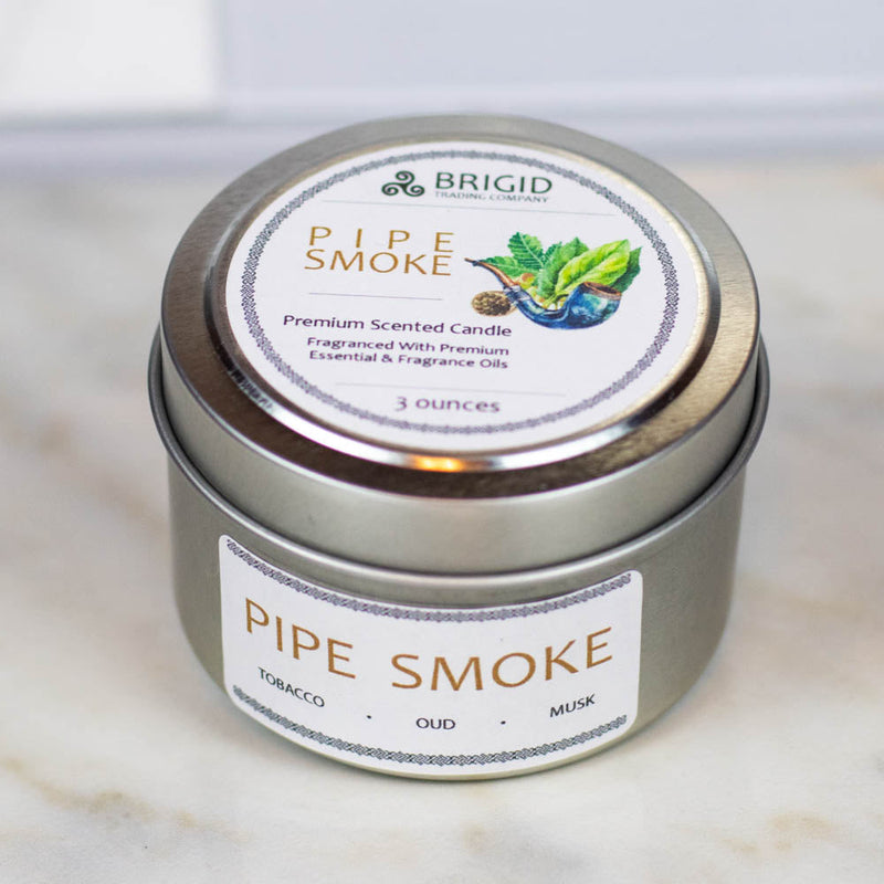 Brigid Trading Company Pipe Smoke Soy Wax Candle - Cuban Tobacco, Smoked Oud, and Deep Resins Premium Scented Candle Light Gray 3oz pewter tin