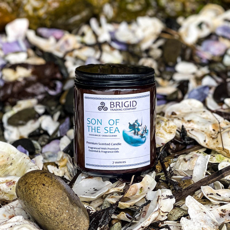 Brigid Trading Company Son of the Sea Soy Wax Candle - Sea Salt, Ocean Breeze, and Saddle Leather Premium Scented Candle Black 7oz amber jar,3oz pewter tin
