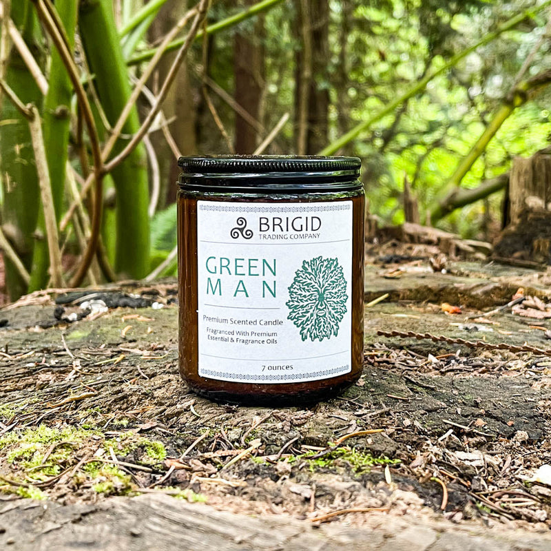 Brigid Trading Company Green Man Soy Wax Candle - Moss, Rainwater, Old Growth Forests, and White Musk Premium Scented Candle Rosy Brown 7oz amber jar,3oz pewter tin