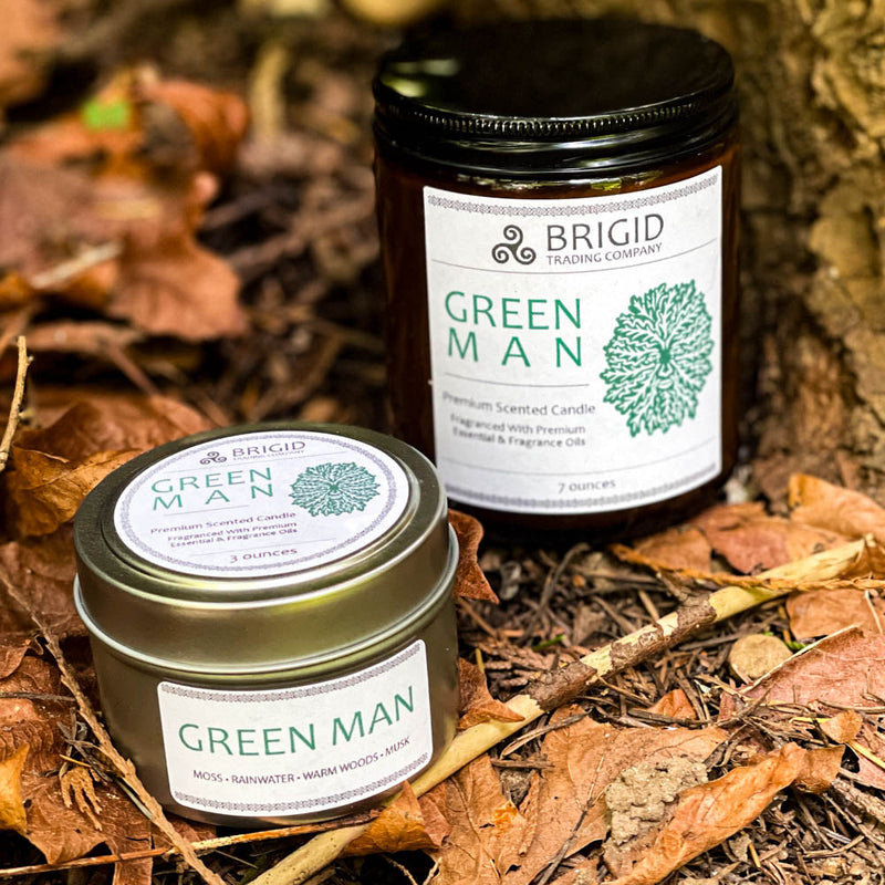 Brigid Trading Company Green Man Soy Wax Candle - Moss, Rainwater, Old Growth Forests, and White Musk Premium Scented Candle Black 7oz amber jar,3oz pewter tin