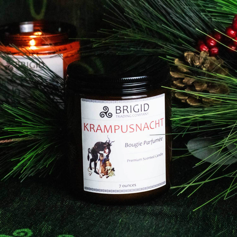 Brigid Trading Company Krampusnacht Soy Wax Candle - Merlot Wine, Autumn Spices, Citrus, Figs, and Bonfire Smoke Premium Scented Candle Black 7oz amber jar,3oz pewter tin