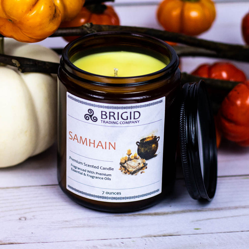 Brigid Trading Company Samhain Soy Wax Candle - Merlot, Dragon's Blood, and Smoked Patchouli Premium Scented Candle Black 7oz amber jar