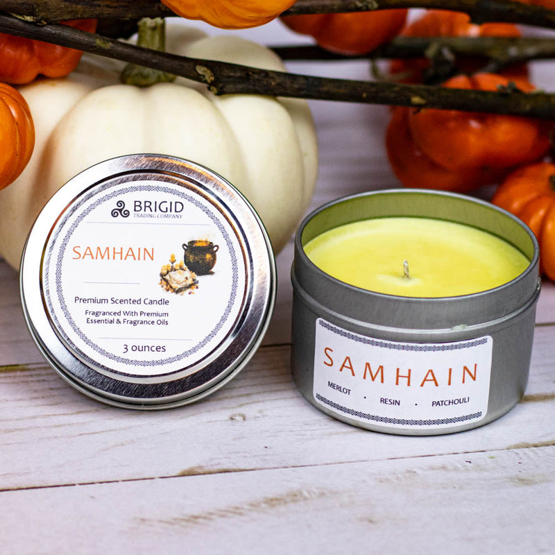 Brigid Trading Company Samhain Soy Wax Candle - Merlot, Dragon's Blood, and Smoked Patchouli Premium Scented Candle Thistle 7oz amber jar,3oz pewter tin