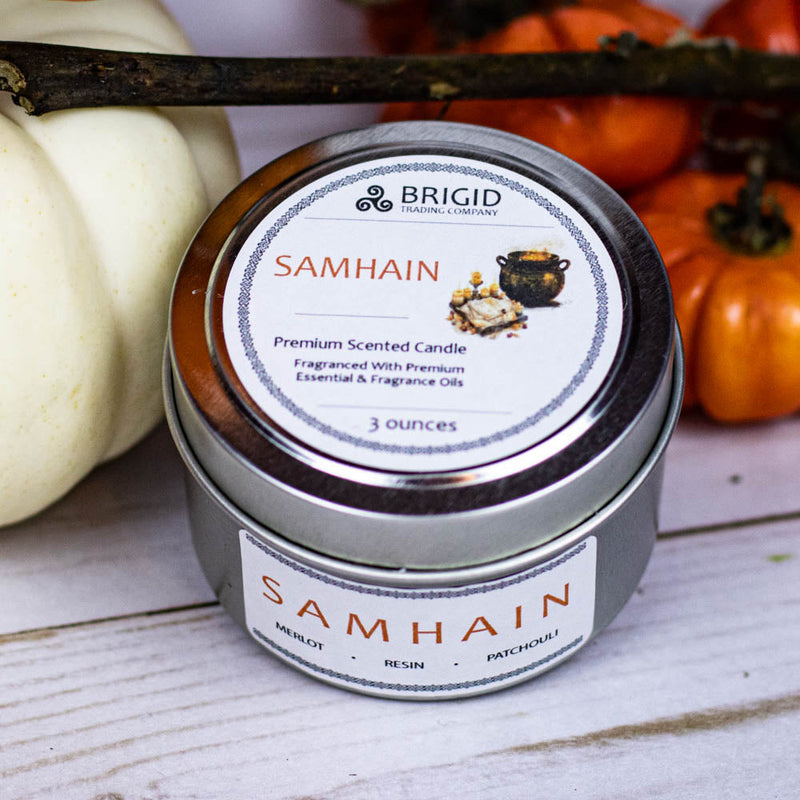 Brigid Trading Company Samhain Soy Wax Candle - Merlot, Dragon's Blood, and Smoked Patchouli Premium Scented Candle Light Gray 3oz pewter tin