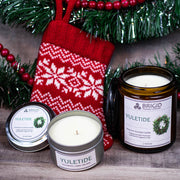 Brigid Trading Company Yuletide Soy Wax Candle - Juniper, Christmas Wreaths, Pine Trees, and Bonfire Smoke Premium Scented Candle Black 7oz amber jar