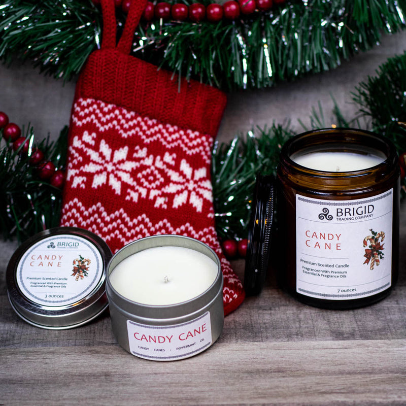 Brigid Trading Company Candy Cane Soy Wax Candle - Peppermint and Candy Canes Premium Scented Candle Black 7oz amber jar,3oz pewter tin
