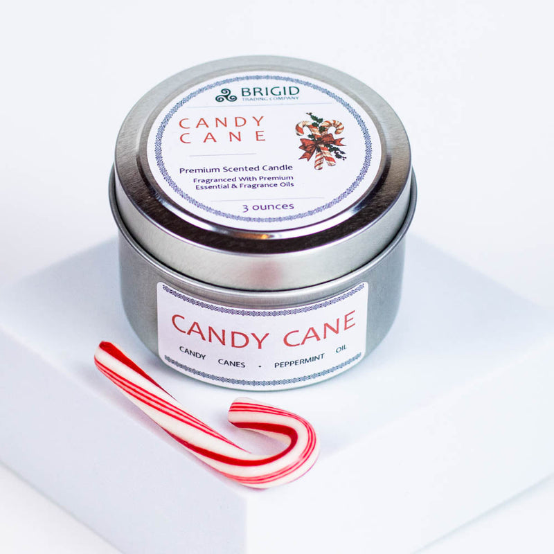 Brigid Trading Company Candy Cane Soy Wax Candle - Peppermint and Candy Canes Premium Scented Candle White Smoke 3oz pewter tin