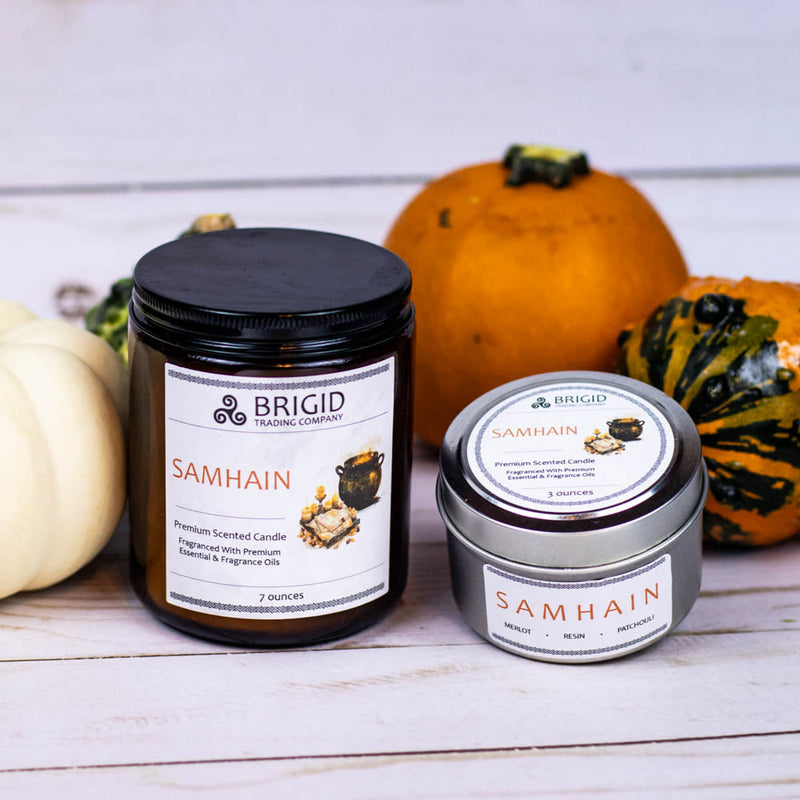 Brigid Trading Company Samhain Soy Wax Candle - Merlot, Dragon's Blood, and Smoked Patchouli Premium Scented Candle Light Gray 7oz amber jar,3oz pewter tin