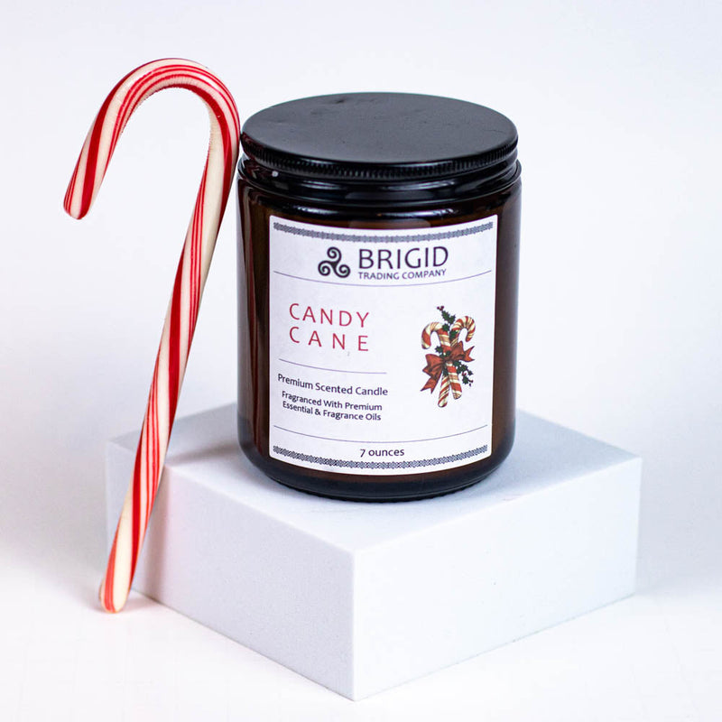 Brigid Trading Company Candy Cane Soy Wax Candle - Peppermint and Candy Canes Premium Scented Candle White Smoke 7oz amber jar