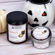 Brigid Trading Company Samhain Soy Wax Candle - Merlot, Dragon's Blood, and Smoked Patchouli Premium Scented Candle Light Gray 7oz amber jar,3oz pewter tin