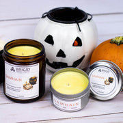 Brigid Trading Company Samhain Soy Wax Candle - Merlot, Dragon's Blood, and Smoked Patchouli Premium Scented Candle Light Gray 7oz amber jar,3oz pewter tin