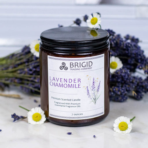 Brigid Trading Company Lavender Chamomile Soy Wax Candle - Lavender and Chamomile Premium Scented Candle Light Gray 7oz amber jar