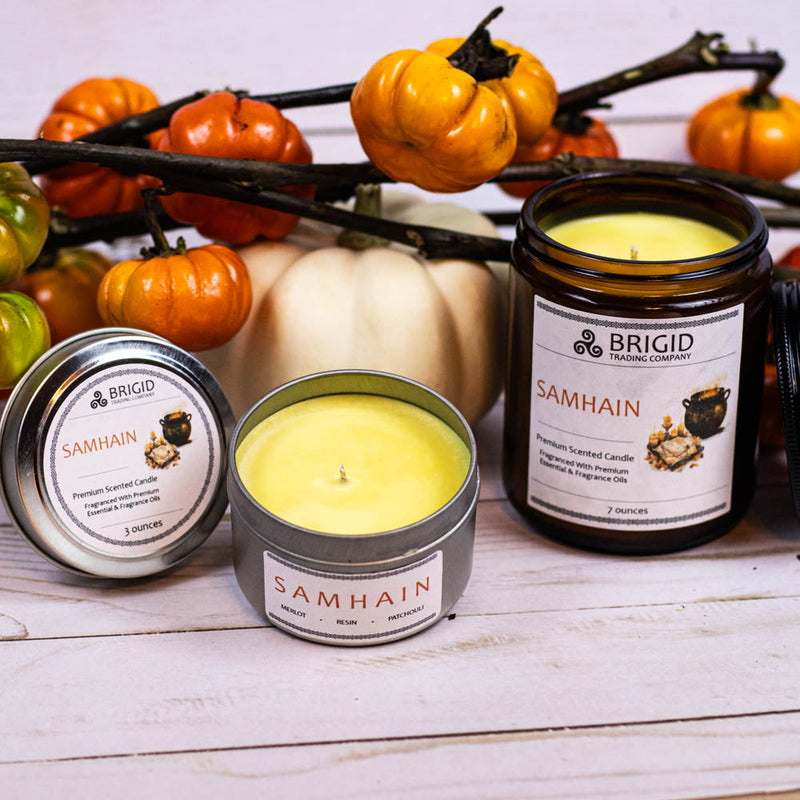 Brigid Trading Company Samhain Soy Wax Candle - Merlot, Dragon's Blood, and Smoked Patchouli Premium Scented Candle Thistle 7oz amber jar,3oz pewter tin