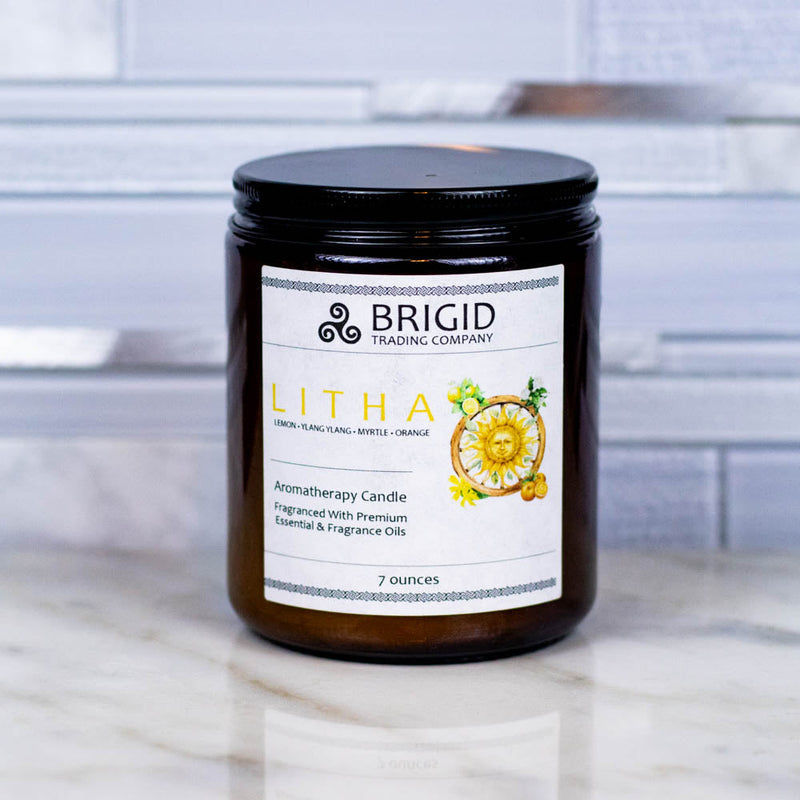 Brigid Trading Company Litha Soy Wax Candle – Lemon & Orange Natural Candle for the Summer Solstice Aromatherapy Candle Light Gray 7oz amber jar,3oz pewter tin