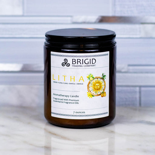 Brigid Trading Company Litha Soy Wax Candle – Lemon & Orange Natural Candle for the Summer Solstice Aromatherapy Candle Light Gray 7oz amber jar,3oz pewter tin