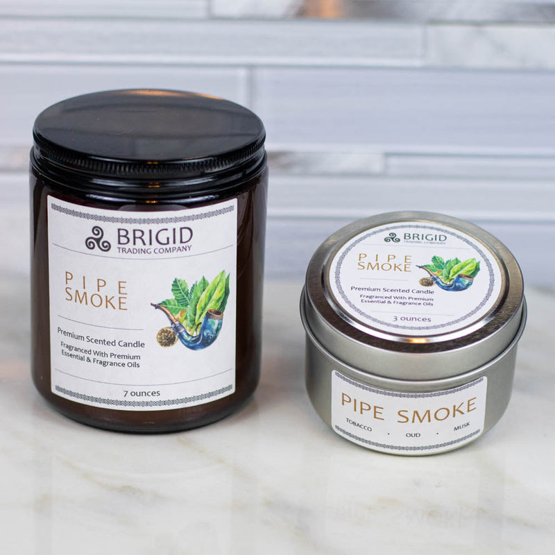 Brigid Trading Company Pipe Smoke Soy Wax Candle - Cuban Tobacco, Smoked Oud, and Deep Resins Premium Scented Candle Light Gray 7oz amber jar,3oz pewter tin