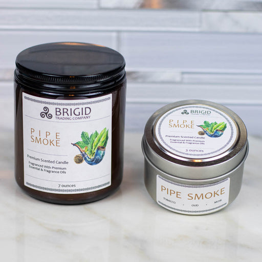 Brigid Trading Company Pipe Smoke Soy Wax Candle - Cuban Tobacco, Smoked Oud, and Deep Resins Premium Scented Candle Light Gray 7oz amber jar,3oz pewter tin