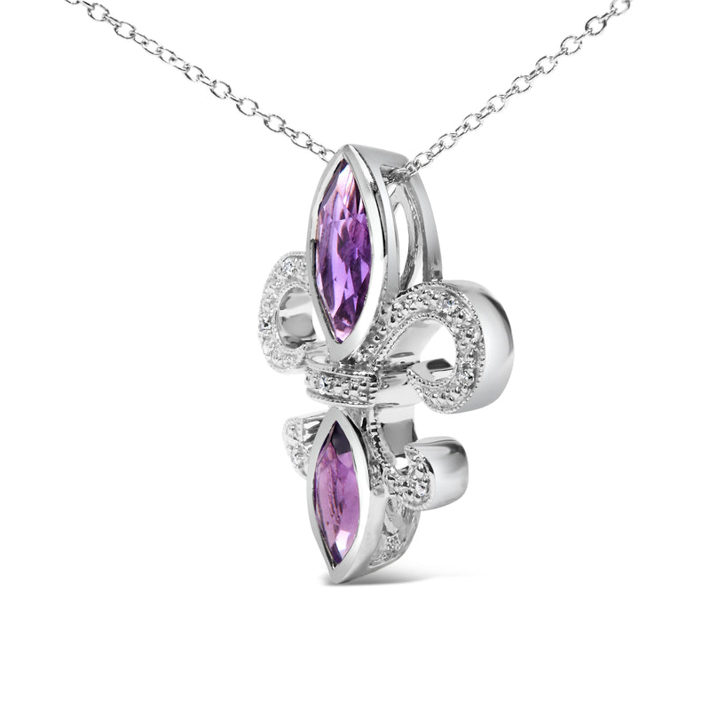 Bids.com .925 Sterling Silver Purple Amethyst Marquise and Diamond Accent Fleur De Lis Pendant Necklace (H-I Color, SI1-SI2 Clarity) - Size 18" Necklaces White Smoke White.Sterling Silver / 18