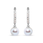 Bids.com 10K White Gold 6x6 MM Cultured Freshwater Pearl and Diamond Accent Drop Huggy Earring (H-I Color, I1-I2 Clarity) Earrings White Smoke White.Gold / 0.12