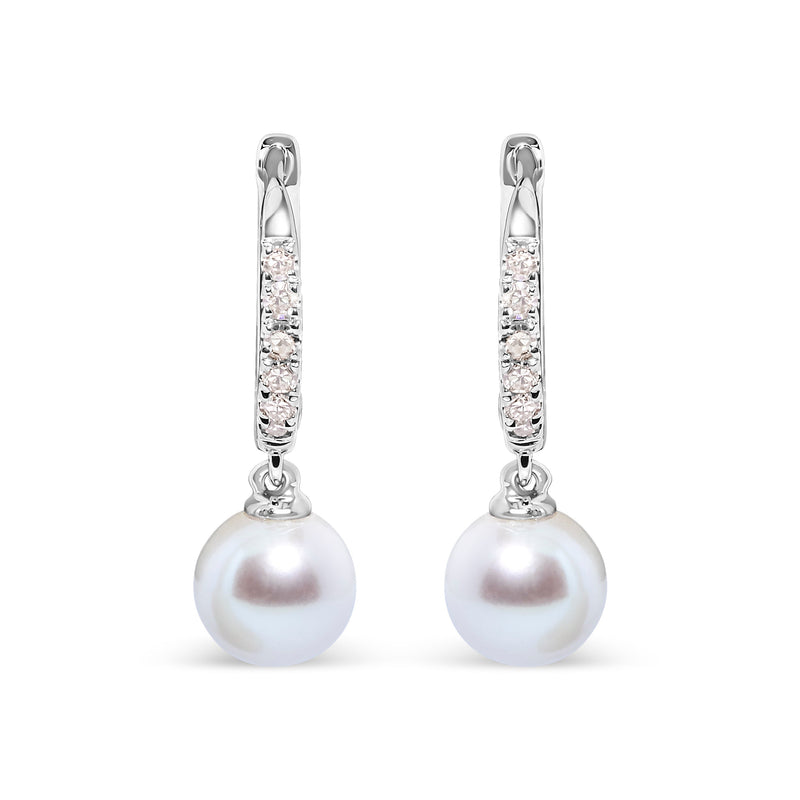 Bids.com 10K White Gold 6x6 MM Cultured Freshwater Pearl and Diamond Accent Drop Huggy Earring (H-I Color, I1-I2 Clarity) Earrings White Smoke White.Gold / 0.12