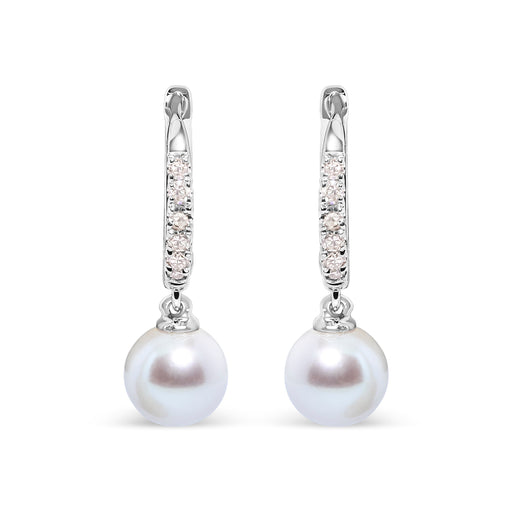 Bids.com 10K White Gold 6x6 MM Cultured Freshwater Pearl and Diamond Accent Drop Huggy Earring (H-I Color, I1-I2 Clarity) Earrings White Smoke White.Gold / 0.12