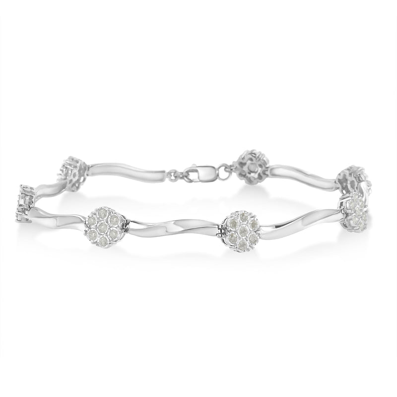 Bids.com .925 Sterling Silver 1.0 Cttw Diamond Cluster Miracle-Set Station & Twisted Bar 7" Tennis Bracelet (H-I Color, I1-I2 Clarity) Bracelets White Smoke White.Sterling Silver / 7