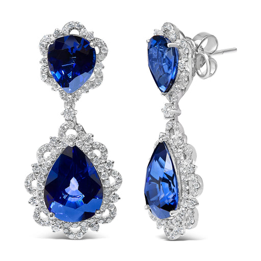 Bids.com 18K White Gold Blue Sapphire and Diamond 2.00 Cttw Diamond Halo Drop and Dangle Earring (G-H Color, SI1-SI2 Clarity) Earrings White Smoke White.Gold / 2.07