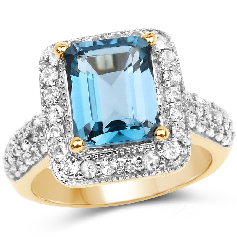 Bids.com 14K Yellow Gold Plated 5.03 Carat Genuine London Blue Topaz and White Topaz .925 Sterling Silver Ring Rings White Smoke size 6.00,size 7.00,size 8.00,size 9.00