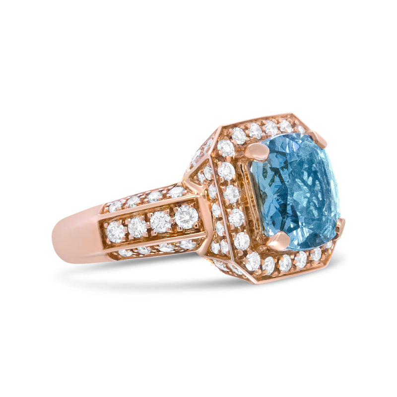 Bids.com 18K Rose Gold 10x10mm Cushion Shaped Aquamarine and 1 1/8 Cttw Round Diamond Halo Ring (F-G Color, VS1-VS2 Clarity) - Ring Size 6.5 Rings White Smoke 6.5 / Yellow.Gold